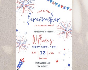 Firecracker 1st Birthday Invitation: Patriotic Fourth of July Theme (Digital Download)