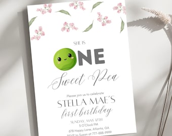 One Sweet Pea Birthday Invitation, One Year Old Birthday Invitation, Kid's Birthday Invitation, Editable Birthday Invitation