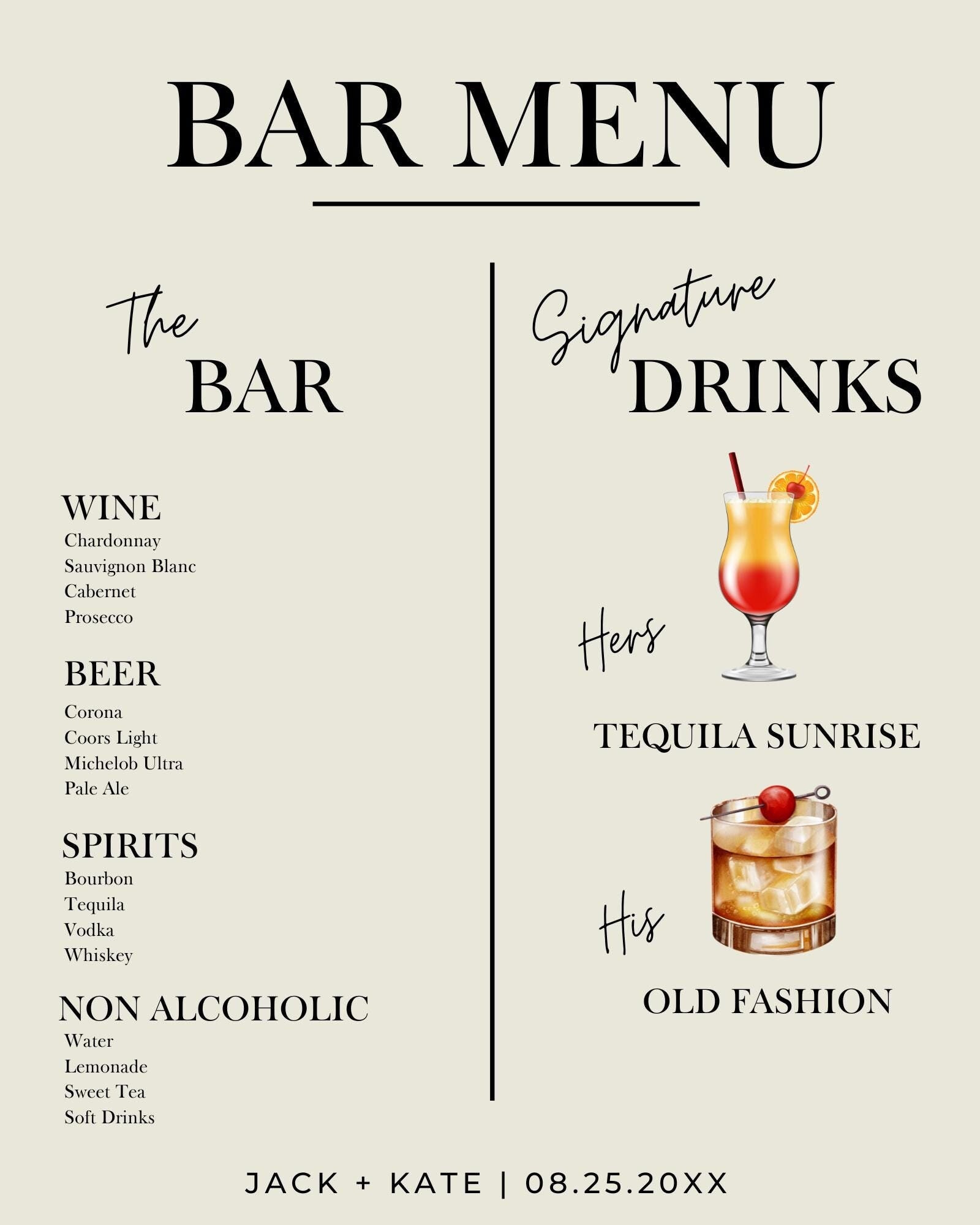 Simple Wedding Reception Signature Drinks, Bar sign for wedding, Drink Menu for Wedding