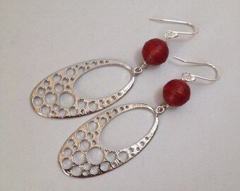 Rhodium Oval Drop Earrings with Red Patterned Beads (E-465)