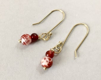 Dainty Earrings - Carnelian and Fire Agate on Brass Ear Hooks (E-694)