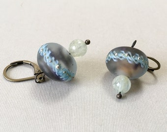 Aqua Velvet Earrings - Antique Brass and Lampwork Glass on Leverback Ear Wires (E-571)