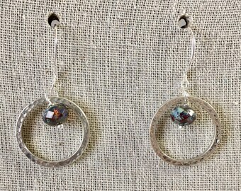 Hammered Sterling Silver Loops with Czech Glass - Sangria Earrings (E-641)