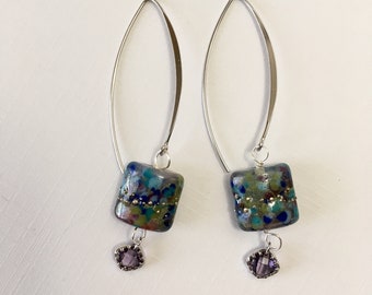 Swirly Purple and Blue Lampwork Glass Earrings with Tiny Purple Gems on Rhodium Plated Earwires (E-598)