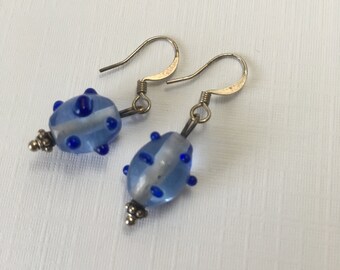 SALE - Blue Dotted Glass and Sterling Silver Earrings (E-549)