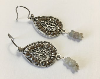 Silver Filigree Teardrops with Silvery Gray Crystals and Labradorite on Stainless Steel Rhinestone Ear Hooks (E-622)