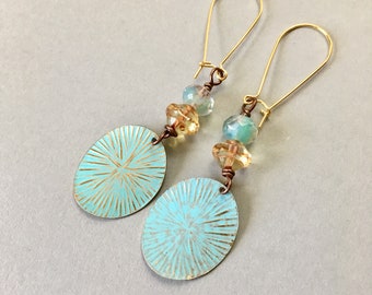 Enameled Brass Earrings, Aqua Czech Glass Beads, Kidney Ear Wires