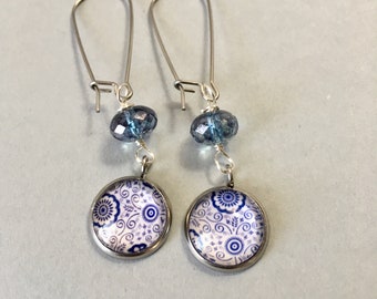 Blue Floral Earrings - Stainless Steel Kidney Ear Wires (E-677)