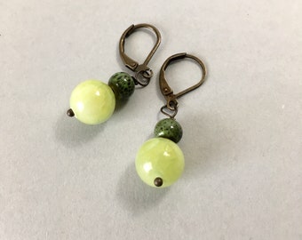 Lime Green Dyed Agate Earrings - Antique Brass and Ceramic on Leverback Ear Wires (E-720)