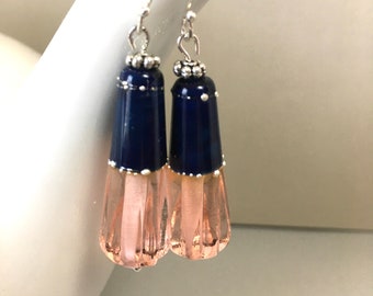 Handmade Lampwork Glass Earrings – Ballet Pink & Navy, Sterling Silver