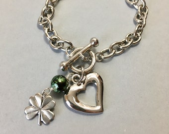 Heart and Shamrock Charm Bracelet  - Rhodium Plated Silver - Green Glass (B-106)