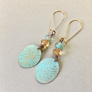 Enameled Brass Wavy Discs with Aqua and Golden Czech Glass on Brass Kidney Ear Wires (E-653)