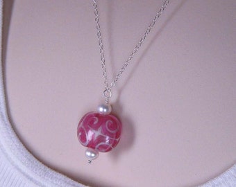 SALE - Lampwork Glass Necklace - Pink Swirl and Freshwater Pearls on Sterling Silver (N-115)