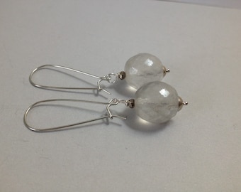 Frosted Glass Earrings on White Brass Kidney Ear Hooks (E-525)