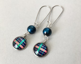 Petite Plaid Earrings (Navy, Pink, Green) - Stainless Steel Kidney Ear Wires (E-735)