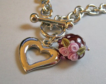 Heart and Glass Charm Bracelet  - Rhodium and Handmade Lampwork - Dotted Flowers (B-81)