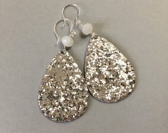 Faux Leather Teardrops - Silver Glitter and Rutilated Quartz on Sterling Silver-Filled Hooks (E-656)