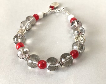 Bracelet - Czech Glass in Gray and Red (B-116)