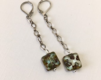 Czech Glass and Diamond Sterling Silver Chain Earrings - Picasso Windows (E-644)
