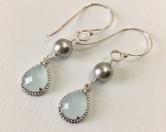 Ice Blue Faceted Glass Gem and Swarovski Pearl Earrings on Sterling Silver Earwires (E-648)