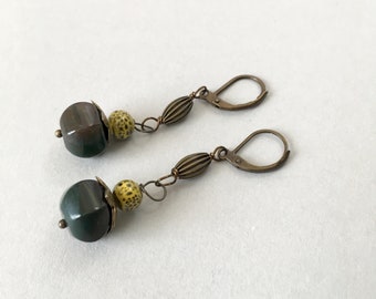 Indian Jasper and Ceramic Earrings on Antique Brass Leverbacks (E-740)