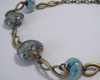 SALE - Handmade Lampwork Glass and Brass Necklace - Blue Infinity (N-188)