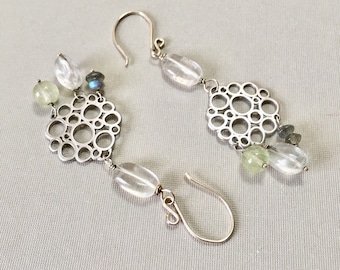 Silver Bubbles Earrings with Aquamarines, Clear Quartz, and Labradorite on Silver Ear Wires (E-574)