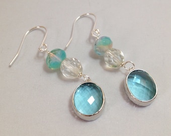 Teal Blue Glass Earrings - Faceted Glass Drops on Silver-Filled Hooks (E-492)