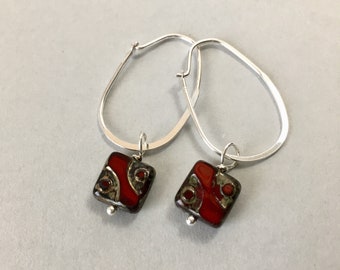 Red Czech Glass on Sterling Silver Hoop Earrings (E-721)