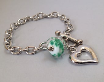 Heart and Glass Charm Bracelet  - Rhodium and Handmade Lampwork - Green and White Swirled Glass (B-96)