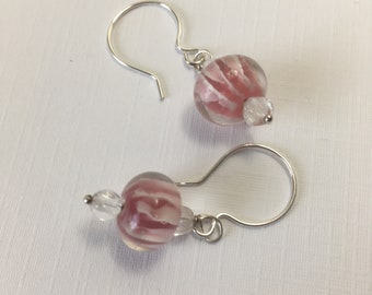 Pink and White Swirled Glass and Sterling Silver-Filled Earrings (E-551)