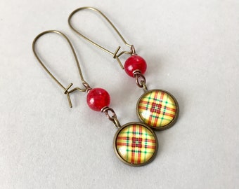 Petite Plaid Earrings (Yellow/Red) - Antique Brass Kidney Ear Wires (E-734)