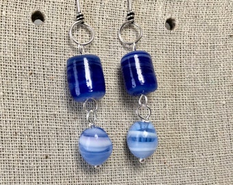 Cobalt Blue Pressed Glass Earrings on Sterling Silver Earwires (E-645)