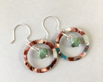 Acrylic Loops with Czech Glass - Brown and Teal Earrings (E-666)