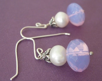 Light Purple Earrings - Freshwater Pearl, Czech Glass and Sterling Silver - Freesia 2 (E-193)