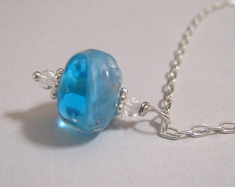 Necklace - Handmade Lampwork Glass on Sterling Silver Chain - Sea Blue (N-191)