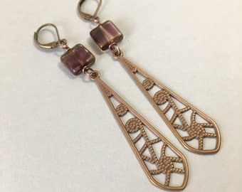 Brass Chandelier Earrings - Czech Glass Beads - Plum Windows (E-660)