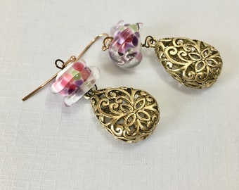 Bright Brass Filigree Teardrops and Purple/Pink Dotted Lampwork Glass on Brass Ear Hooks (E-596)