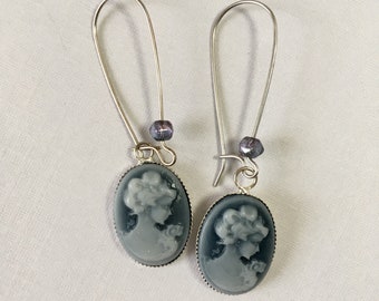 Blue Cameo Earrings - on White Brass Kidney Earwires (E-539)