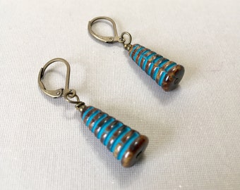 Blue Cones Earrings - Antique Brass and Blue Cones on Leverback Ear Wires (E-570)