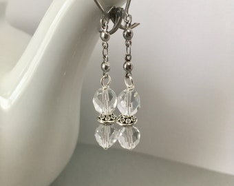 Clear Faceted Glass Beads on Stainless Steel Chain on Stainless Steel Leverback Ear Wires (E-667)