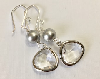 Crystal Clear Glass Gem Earrings - Faceted Glass with Swarovski Pearls on Sterling Silver-Filled Hooks (E-633)