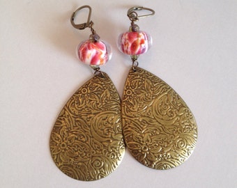 Chandelier Earrings - Floral Stamped Brass Teardrops with Lampwork Glass on Leverbacks (E-449)