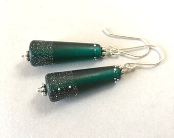 Matte Emerald Green Earrings - Handmade Lampwork Glass Cones on Sterling Silver Ear Wires (E-747)