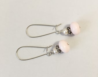 Pink Glass with Freshwater Pearls Earrings - Stainless Steel Kidney Ear Wires (E-618)