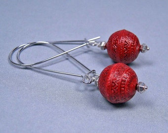 Red Patterned Earrings on Silver Kidney Ear Wires (E-358)