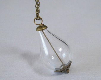 Crystal Teardrop Necklace - Handmade Glass Teardrop on Antique Brass Chain (N-187)