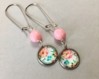 Petite Pink and Floral Earrings - Stainless Steel Kidney Ear Wires (E-670)