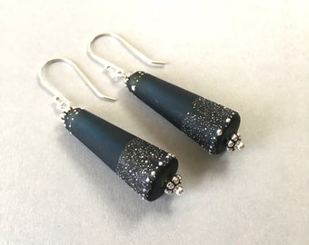 Matte Black Earrings - Handmade Lampwork Glass Cones on Sterling Silver Ear Wires (E-749)