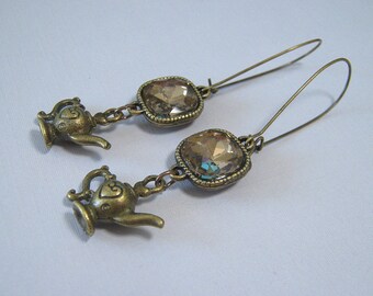 SALE - Amber Glass Gems and Teapot Earrings - Antique Brass (E-419)